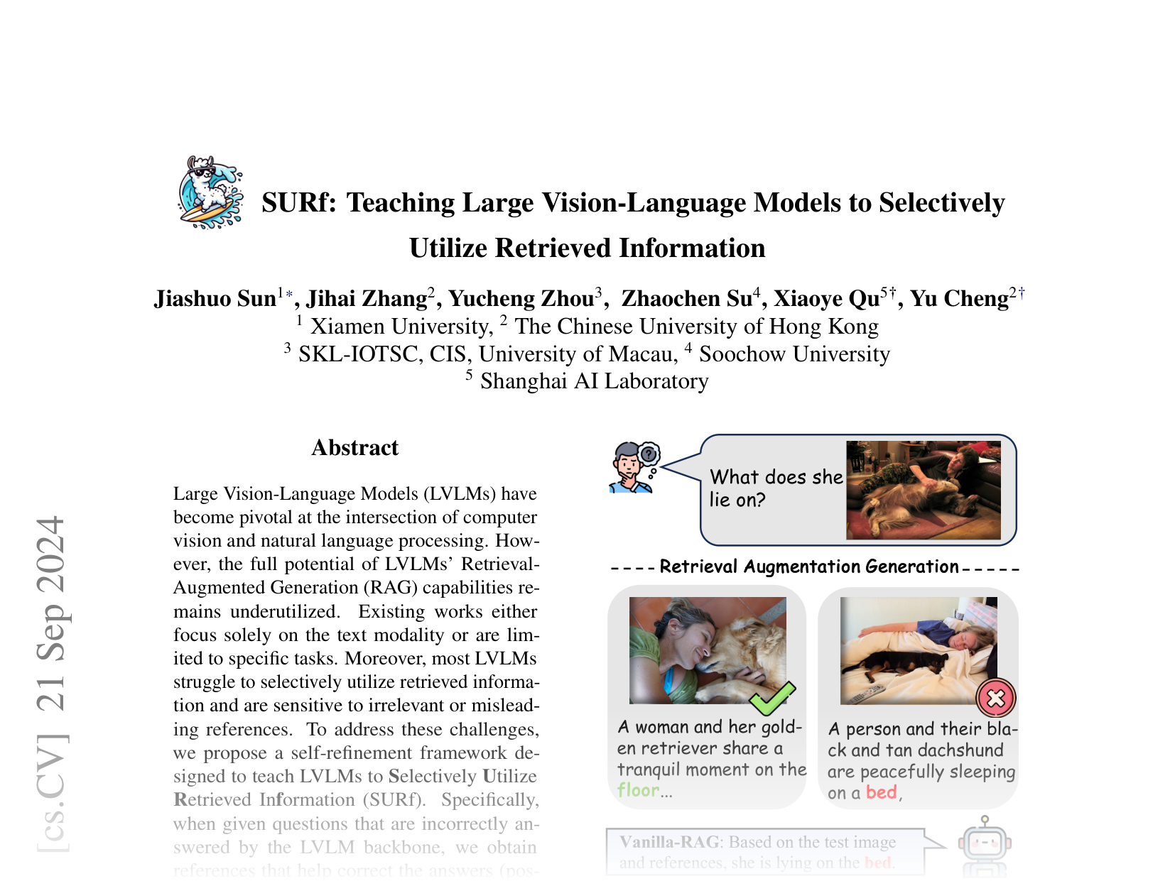 [SURf: Teaching Large Vision-Language Models to Selectively Utilize Retrieved Information 🔗](https://arxiv.org/abs/2409.14083)
