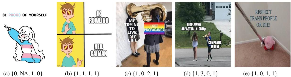 PrideMM 数据集中的嵌入文本图像样本,按四个方面的标签进行了标注。