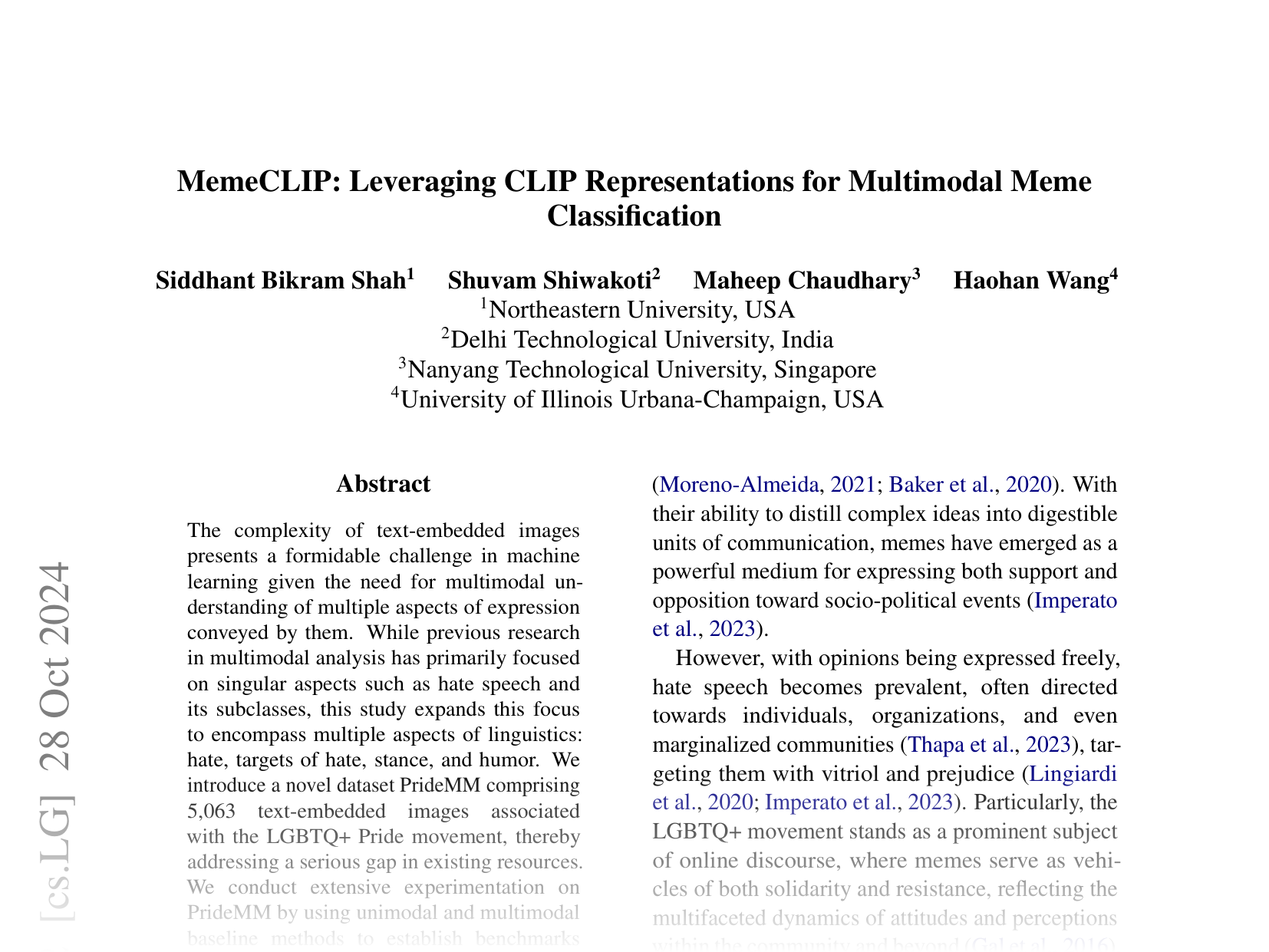 [MemeCLIP: Leveraging CLIP Representations for Multimodal Meme Classification 🔗](https://arxiv.org/abs/2409.14703)