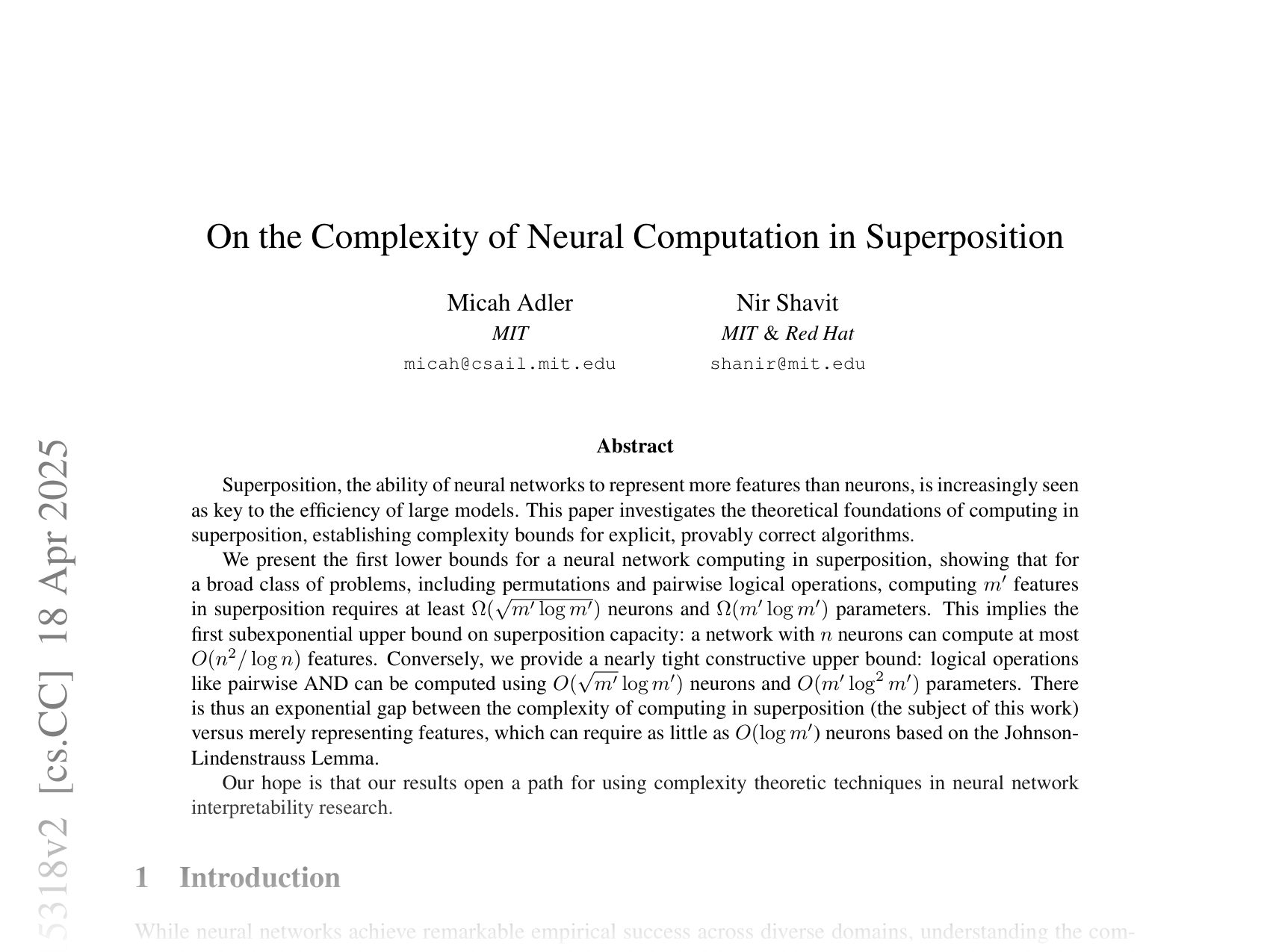 [On the Complexity of Neural Computation in Superposition 🔗](https://arxiv.org/abs/2409.15318)