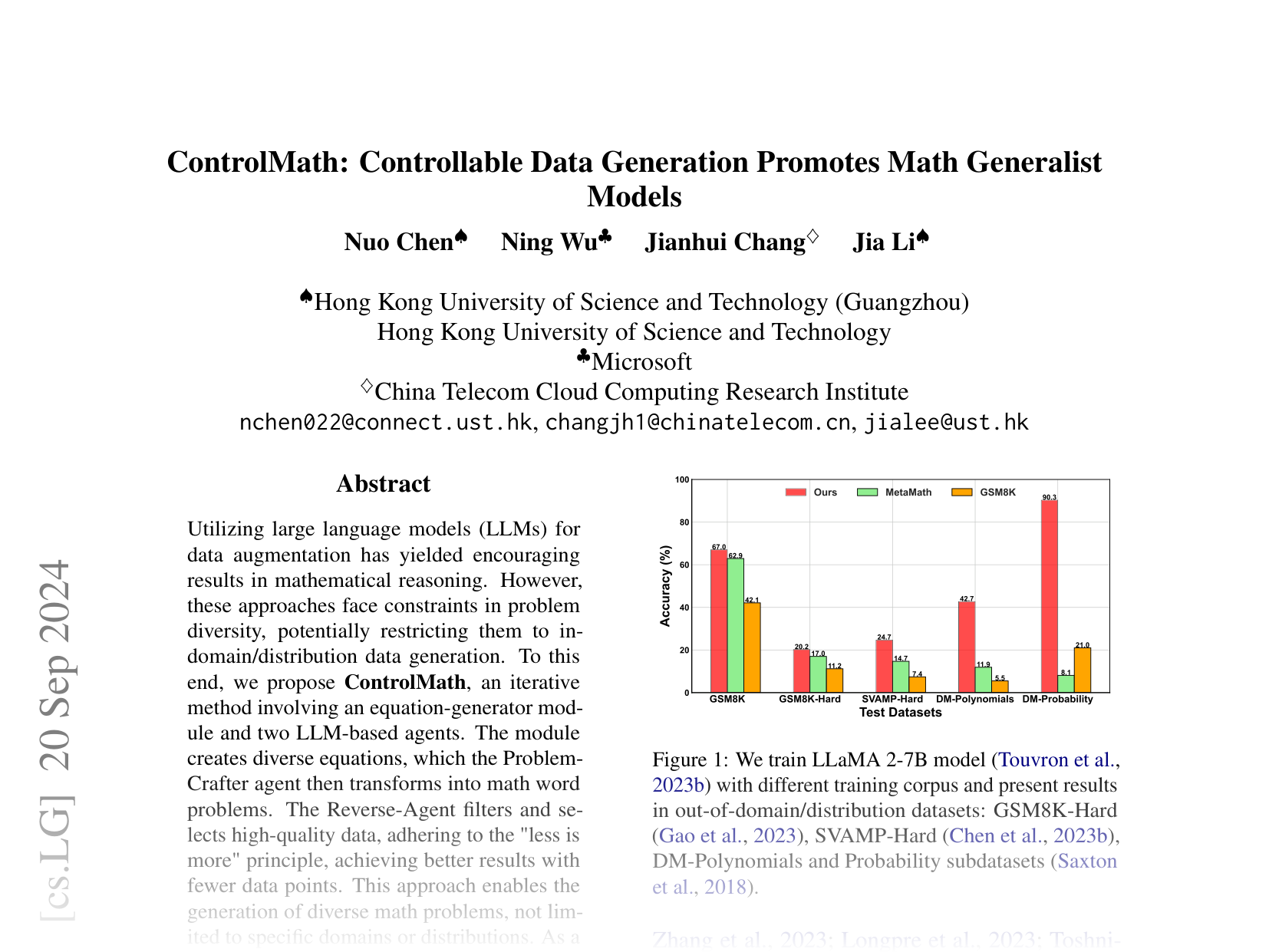 [ControlMath: Controllable Data Generation Promotes Math Generalist Models 🔗](https://arxiv.org/abs/2409.15376)