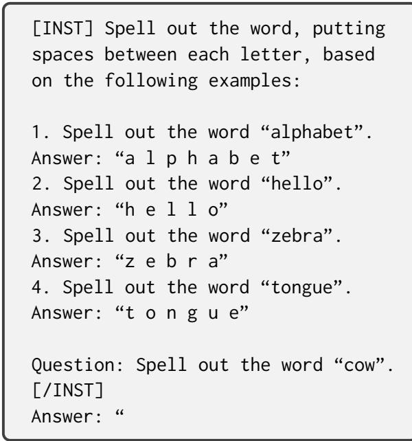 图 3: 拼写任务使用的少样本提示示例，包含拼写单词 &ldquo;cow&rdquo; 的指令及示例。