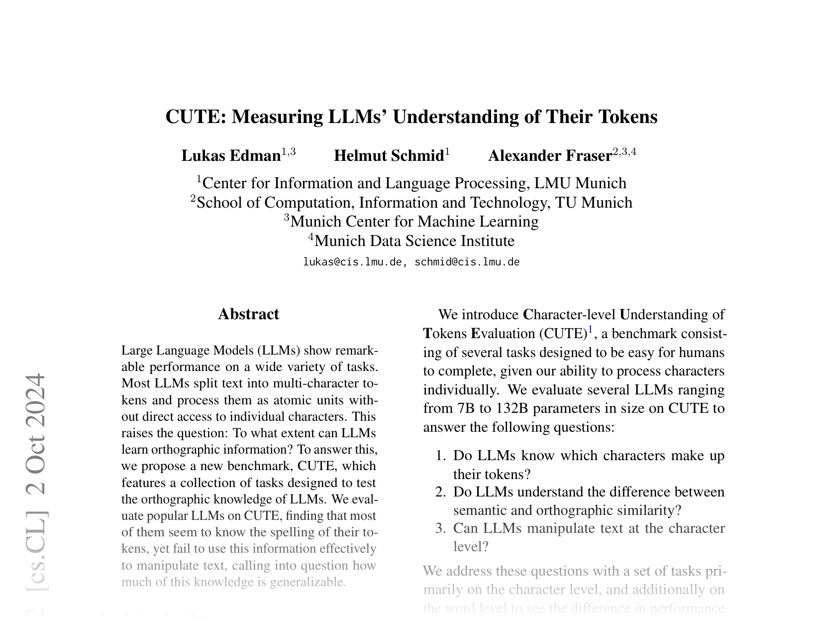 [CUTE: Measuring LLMs' Understanding of Their Tokens 🔗](https://arxiv.org/abs/2409.15452)