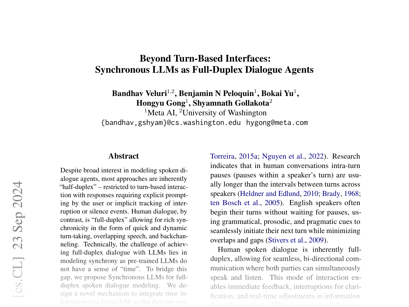 [Beyond Turn-Based Interfaces: Synchronous LLMs as Full-Duplex Dialogue Agents 🔗](https://arxiv.org/abs/2409.15594)