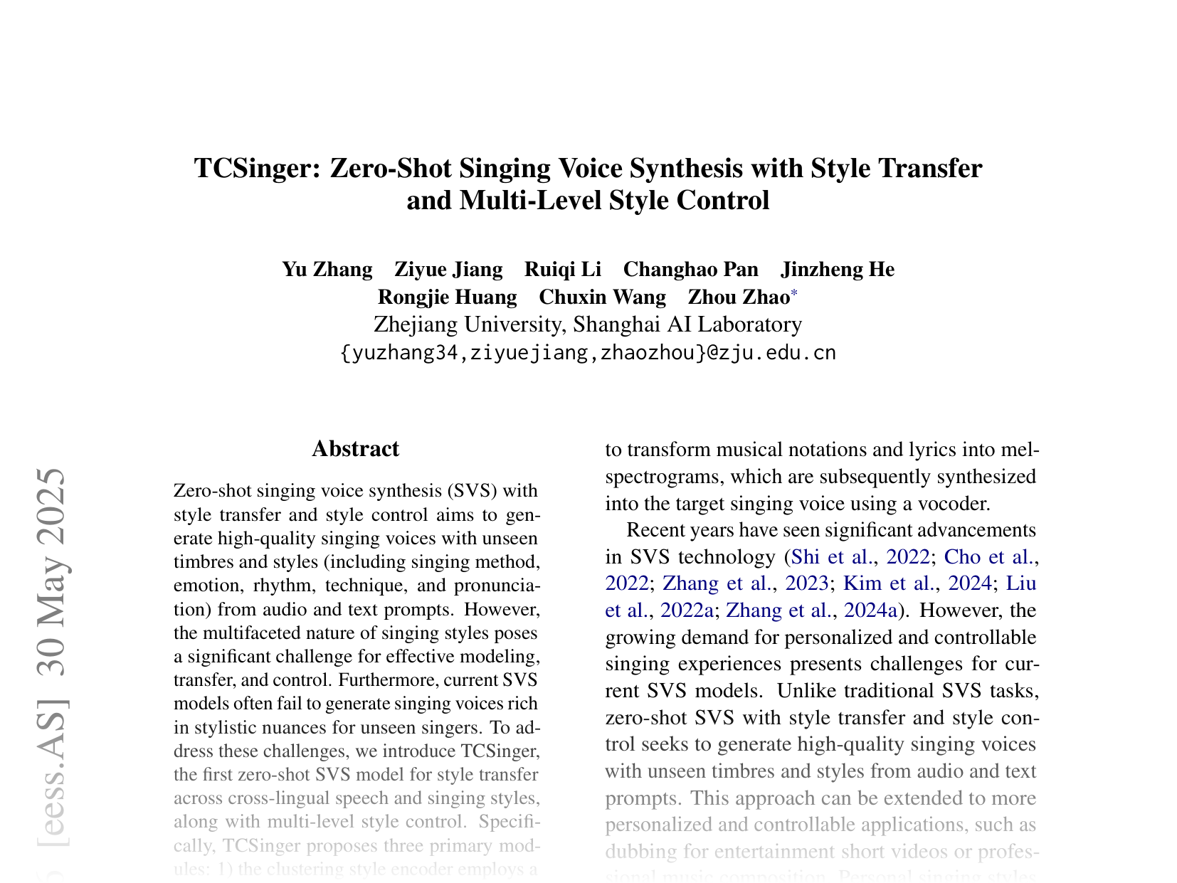 [TCSinger: Zero-Shot Singing Voice Synthesis with Style Transfer and Multi-Level Style Control 🔗](https://arxiv.org/abs/2409.15977)
