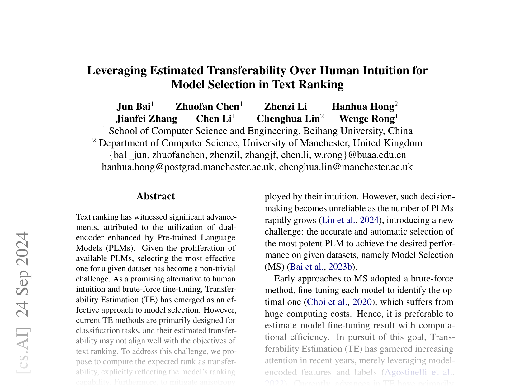[Leveraging Estimated Transferability Over Human Intuition for Model Selection in Text Ranking 🔗](https://arxiv.org/abs/2409.16198)