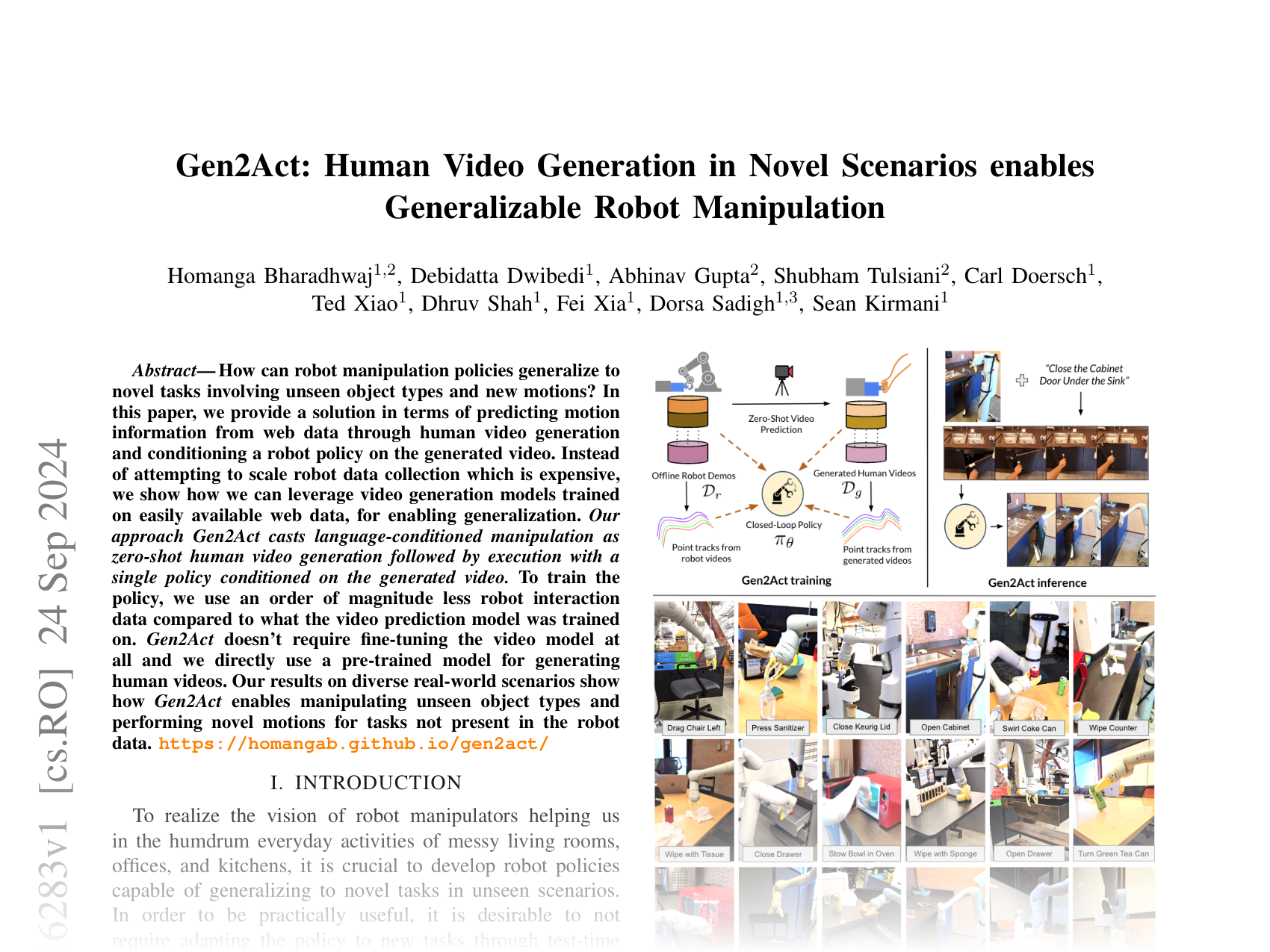 [Gen2Act: Human Video Generation in Novel Scenarios enables Generalizable Robot Manipulation 🔗](https://arxiv.org/abs/2409.16283)