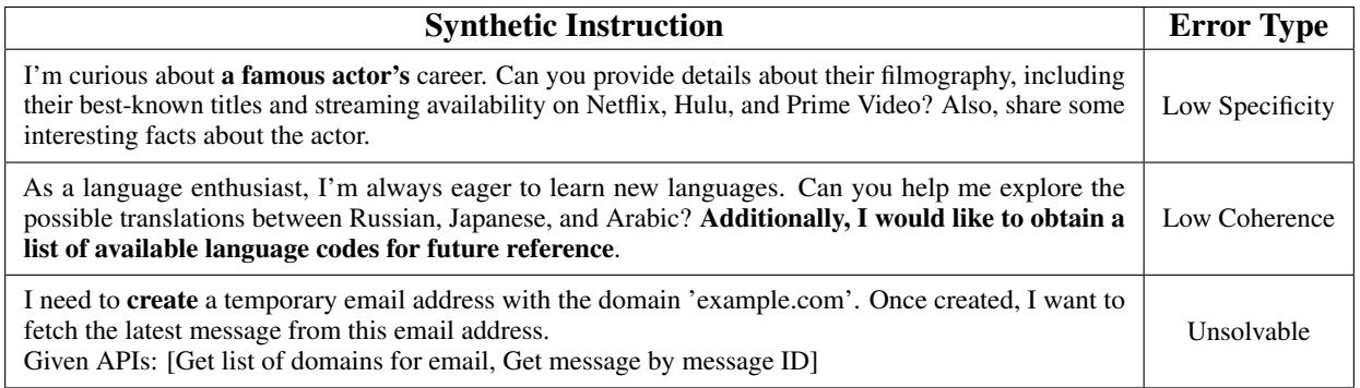 Table 2: Examples of synthesized instructions, highlighted with errors involving our defined properties.