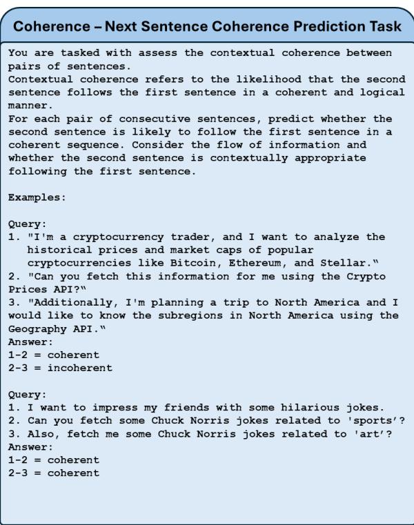 Figure 7: Prompt for instruction coherence,as a next sentence coherence prediction task.