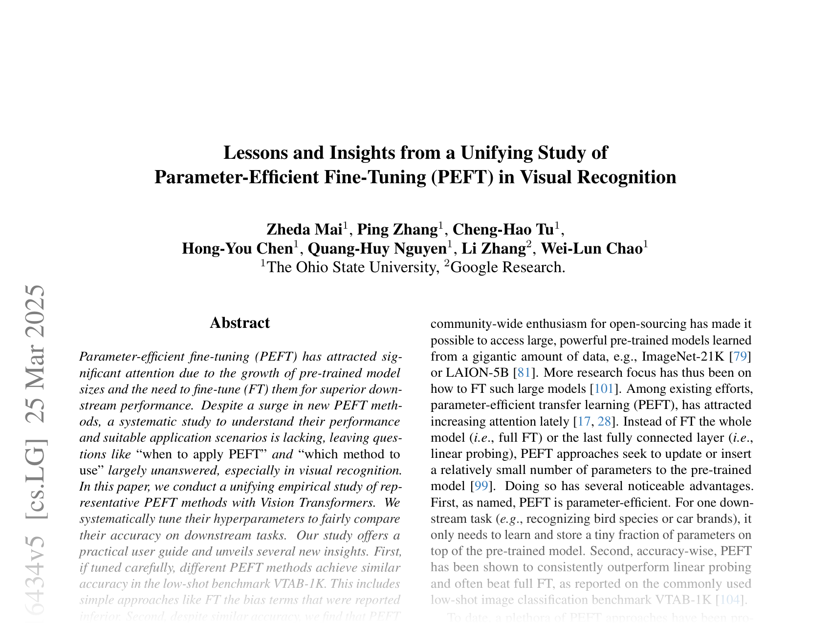 [Lessons and Insights from a Unifying Study of Parameter-Efficient Fine-Tuning (PEFT) in Visual Recognition 🔗](https://arxiv.org/abs/2409.16434)