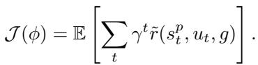 Equation for the RL policy objective function maximizing cumulative return based on distance to goal.