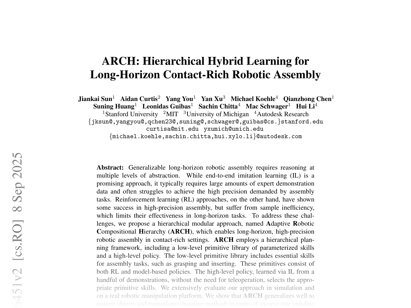 [ARCH: Hierarchical Hybrid Learning for Long-Horizon Contact-Rich Robotic Assembly 🔗](https://arxiv.org/abs/2409.16451)