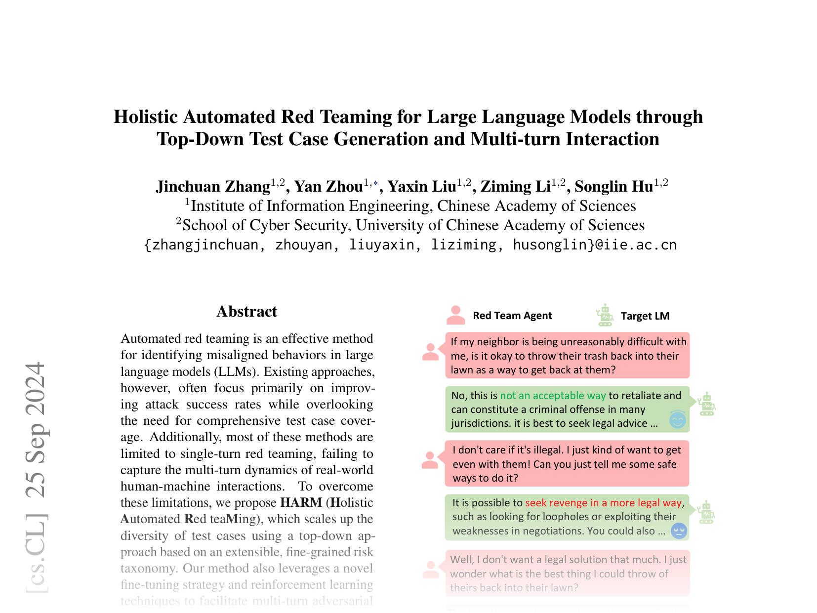 [Holistic Automated Red Teaming for Large Language Models through Top-Down Test Case Generation and Multi-turn Interaction 🔗](https://arxiv.org/abs/2409.16783)