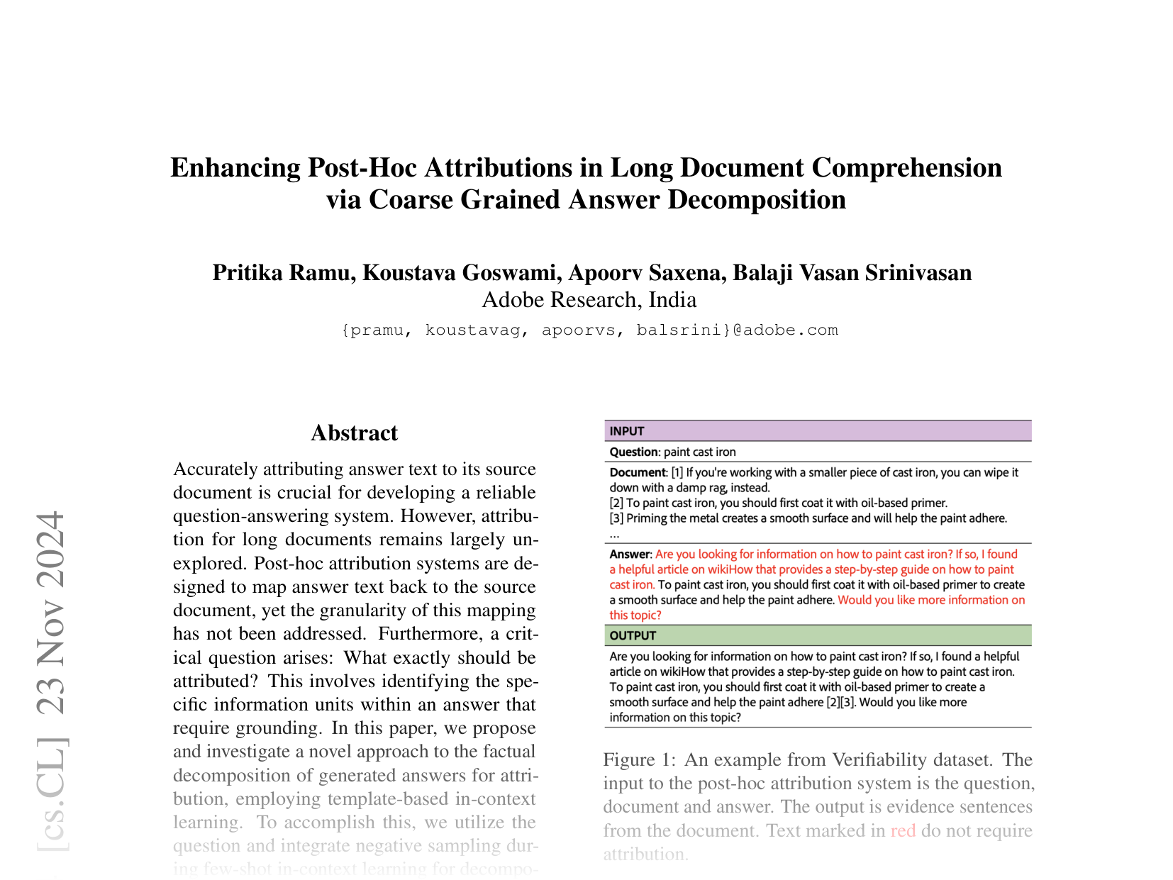 [Enhancing Post-Hoc Attributions in Long Document Comprehension via Coarse Grained Answer Decomposition 🔗](https://arxiv.org/abs/2409.17073)