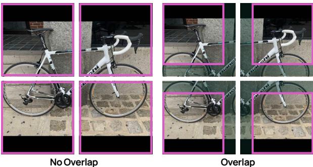 Figure 3: Overlapping crops (right) vs. non-overlapping (left). Notice how the bike frame is split in the left image, but fully visible in the context of the right image.