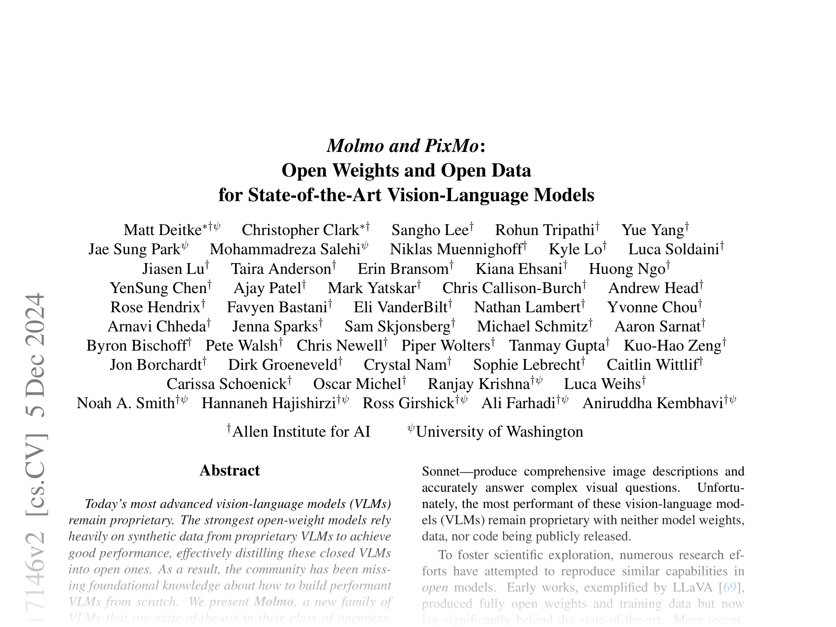 [Molmo and PixMo: Open Weights and Open Data for State-of-the-Art Vision-Language Models 🔗](https://arxiv.org/abs/2409.17146)
