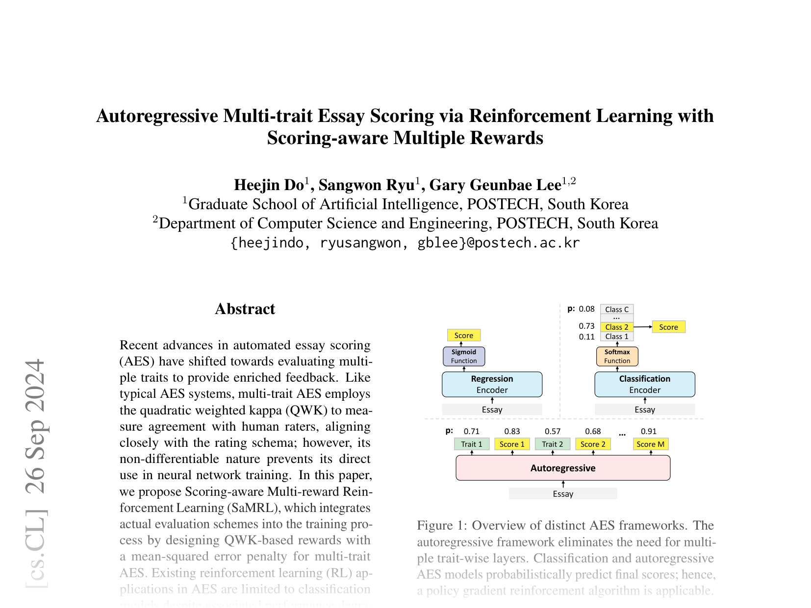 [Autoregressive Multi-trait Essay Scoring via Reinforcement Learning with Scoring-aware Multiple Rewards 🔗](https://arxiv.org/abs/2409.17472)