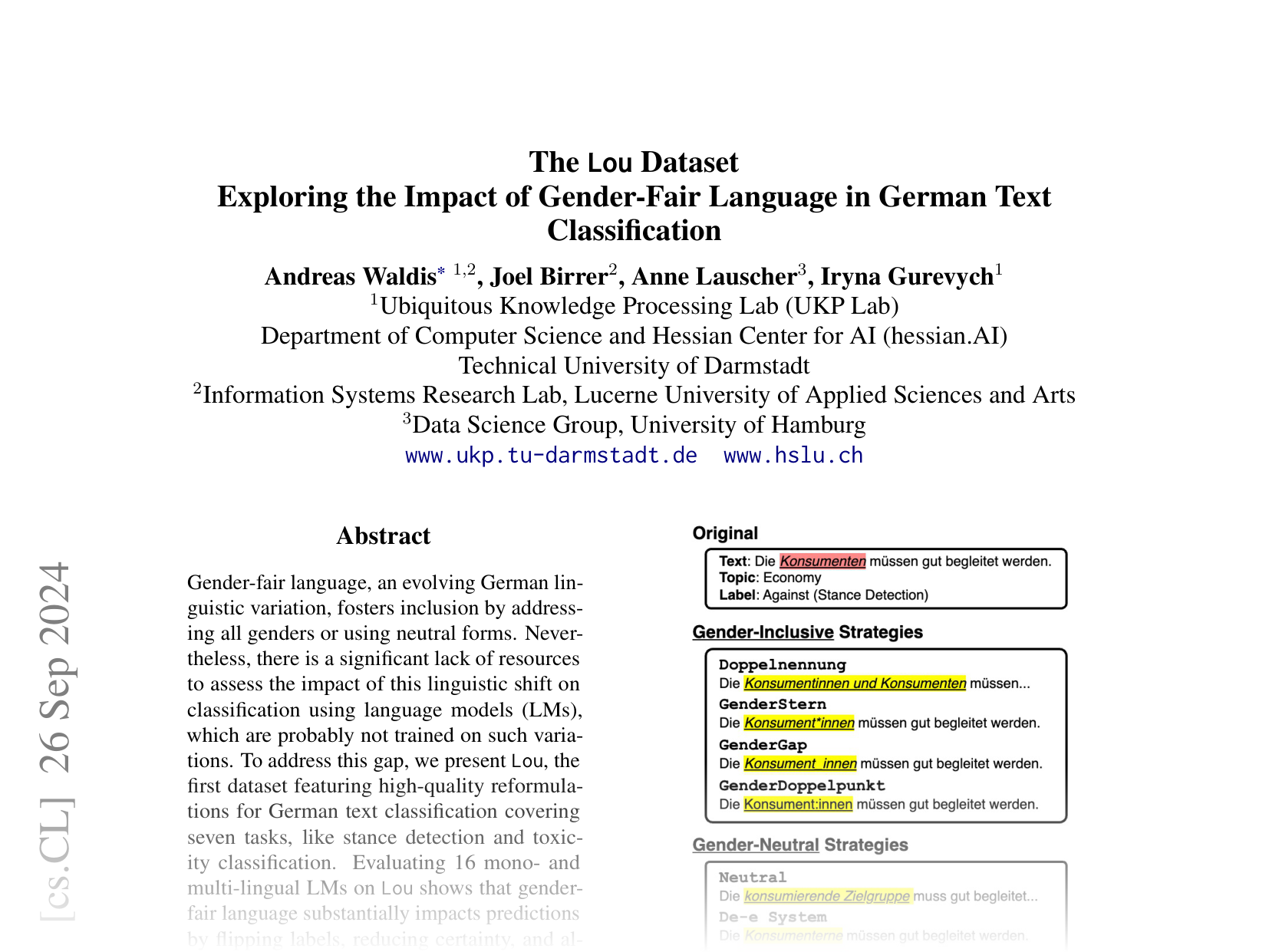 [The Lou Dataset: Exploring the Impact of Gender-Fair Language in German Text Classification 🔗](https://arxiv.org/abs/2409.17929)