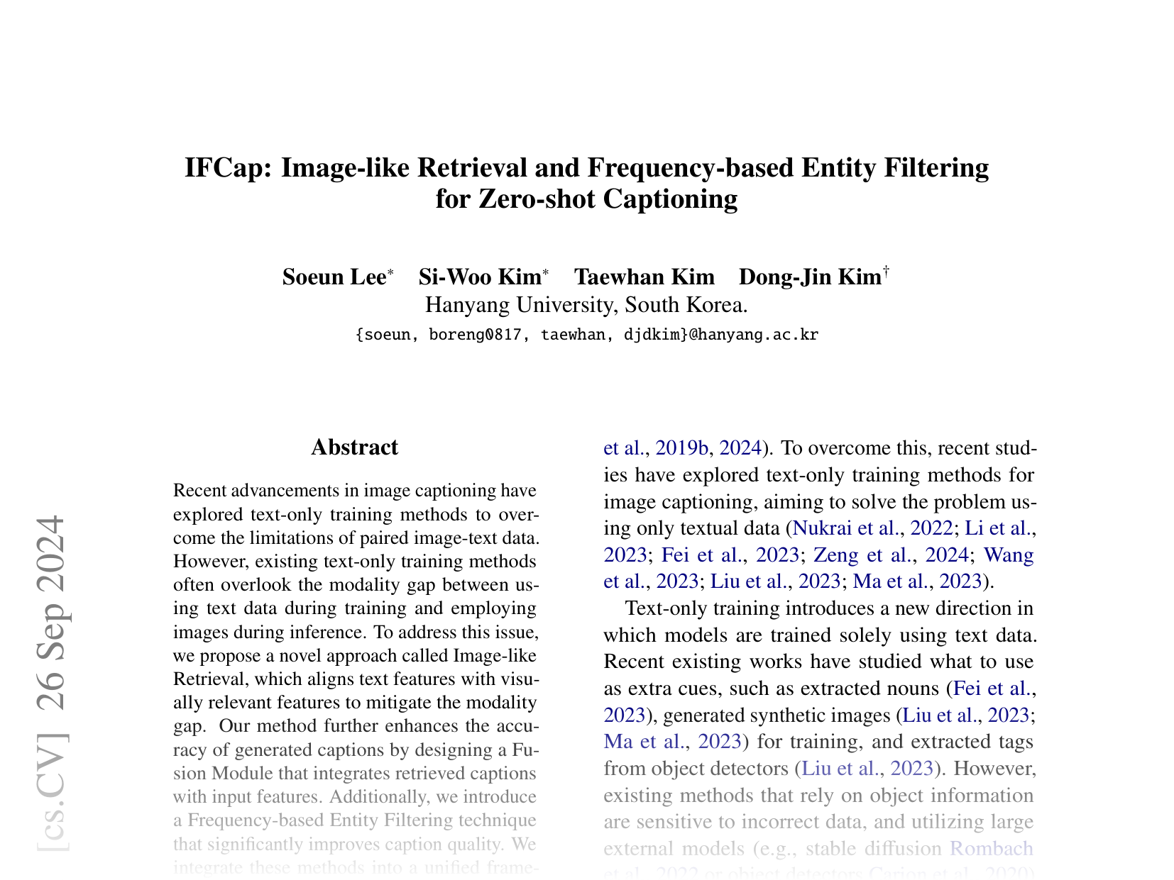 [IFCap: Image-like Retrieval and Frequency-based Entity Filtering for Zero-shot Captioning 🔗](https://arxiv.org/abs/2409.18046)