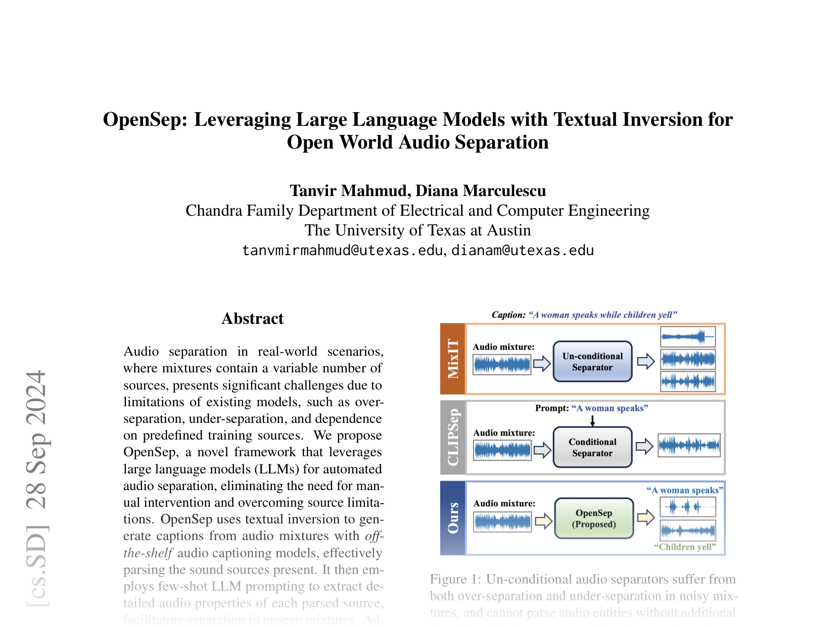 [OpenSep: Leveraging Large Language Models with Textual Inversion for Open World Audio Separation 🔗](https://arxiv.org/abs/2409.19270)