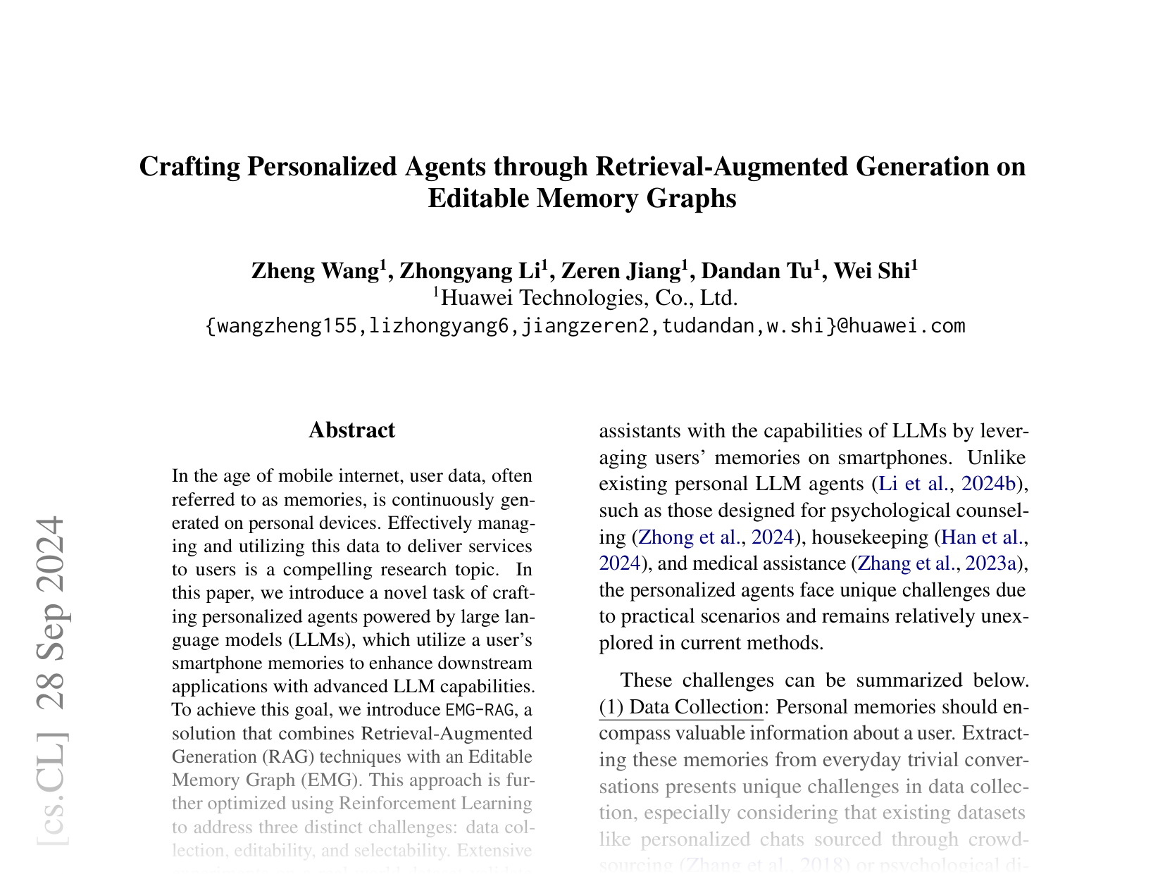 [Crafting Personalized Agents through Retrieval-Augmented Generation on Editability Memory Graphs 🔗](https://arxiv.org/abs/2409.19401)