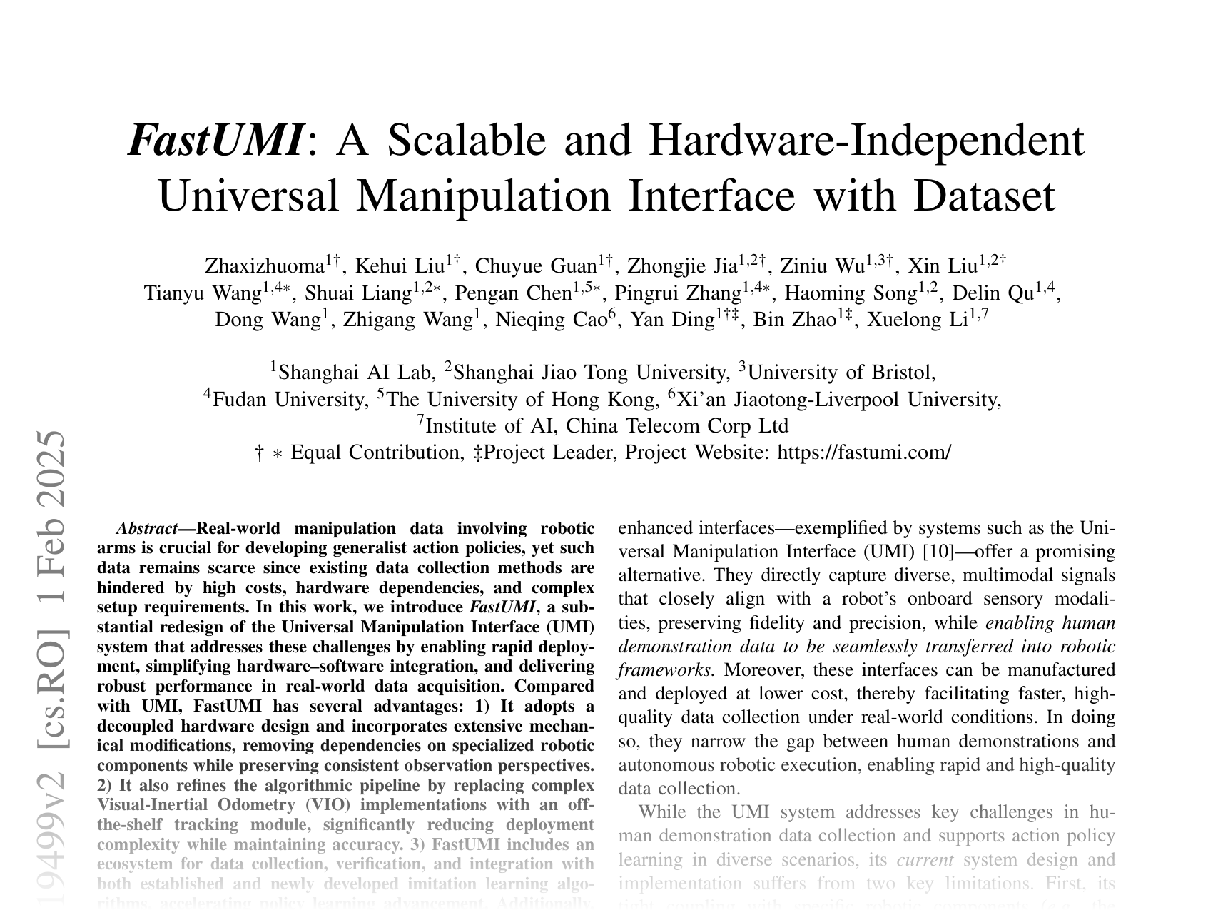 [FastUMI: A Scalable and Hardware-Independent Universal Manipulation Interface with Dataset 🔗](https://arxiv.org/abs/2409.19499)