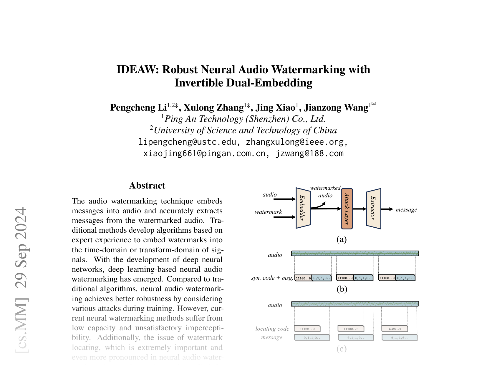 [IDEAW: Robust Neural Audio Watermarking with Invertible Dual-Embedding 🔗](https://arxiv.org/abs/2409.19627)