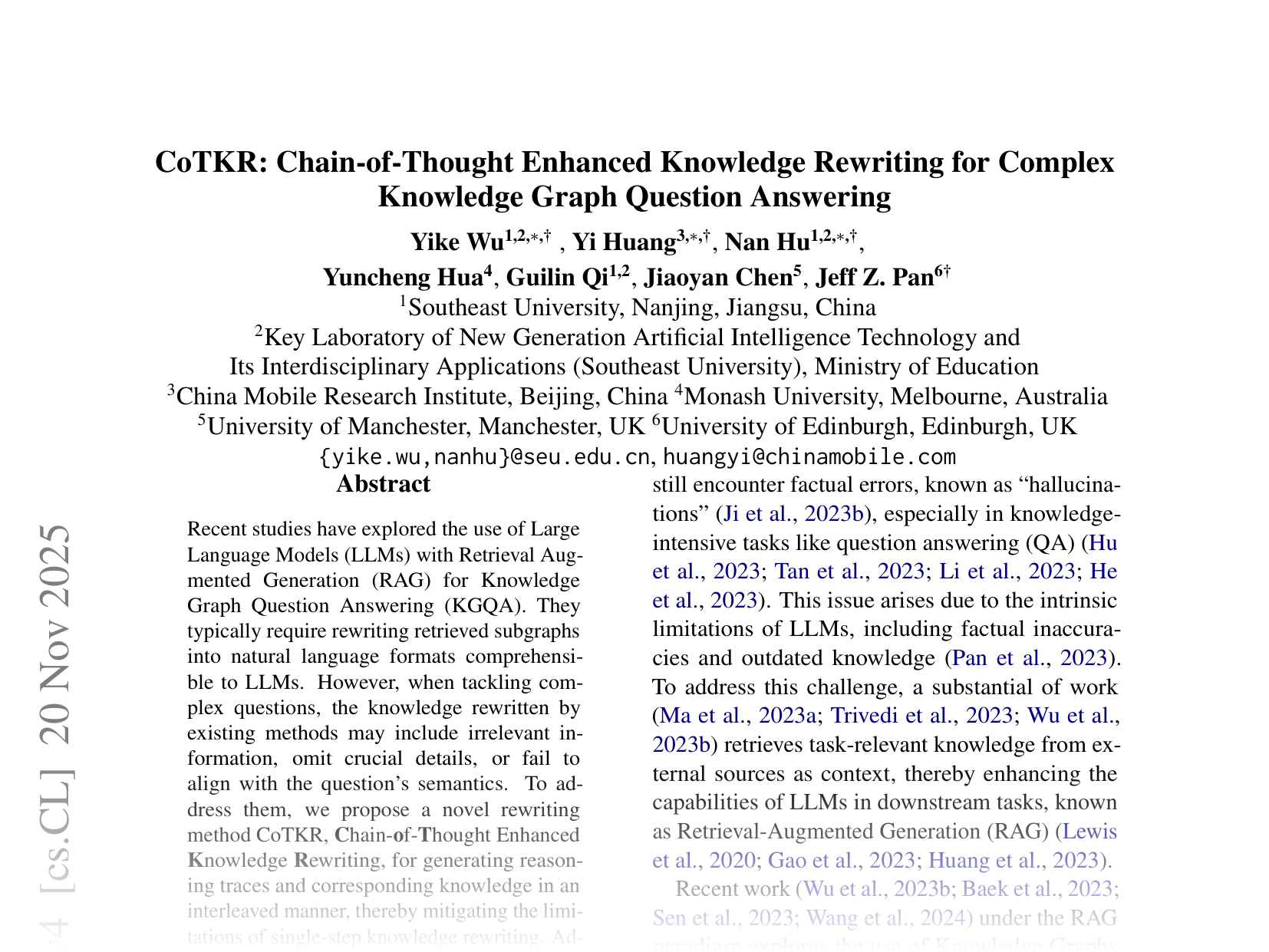 [CoTKR: Chain-of-Thought Enhanced Knowledge Rewriting for Complex Knowledge Graph Question Answering 🔗](https://arxiv.org/abs/2409.19753)