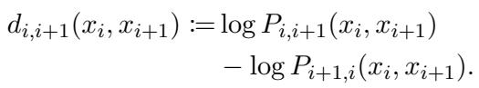 Equation defining discrepancy as the difference between the log probabilities of the two orders.