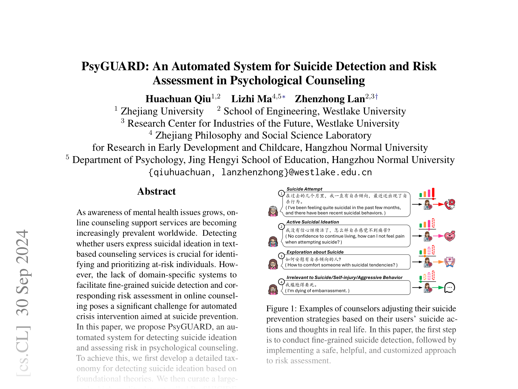 [PsyGUARD: An Automated System for Suicide Detection and Risk Assessment in Psychological Counseling 🔗](https://arxiv.org/abs/2409.20243)