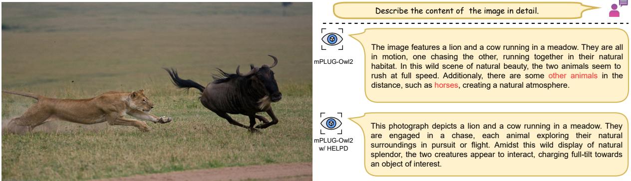 图 8: 展示了一个说明性案例，比较 mPLUG-Owl2 和带有 HELPD 的 mPLUG-Owl2 的输出。