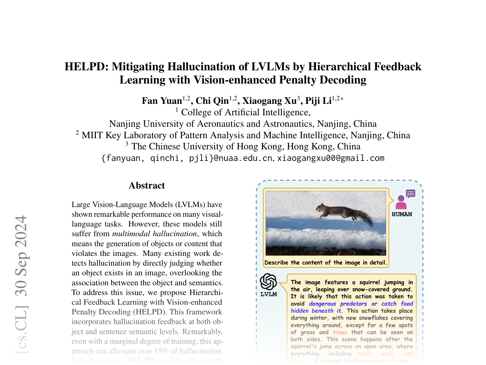 [HELPD: Mitigating Hallucination of LVLMs by Hierarchical Feedback Learning with Vision-enhanced Penalty Decoding 🔗](https://arxiv.org/abs/2409.20429)