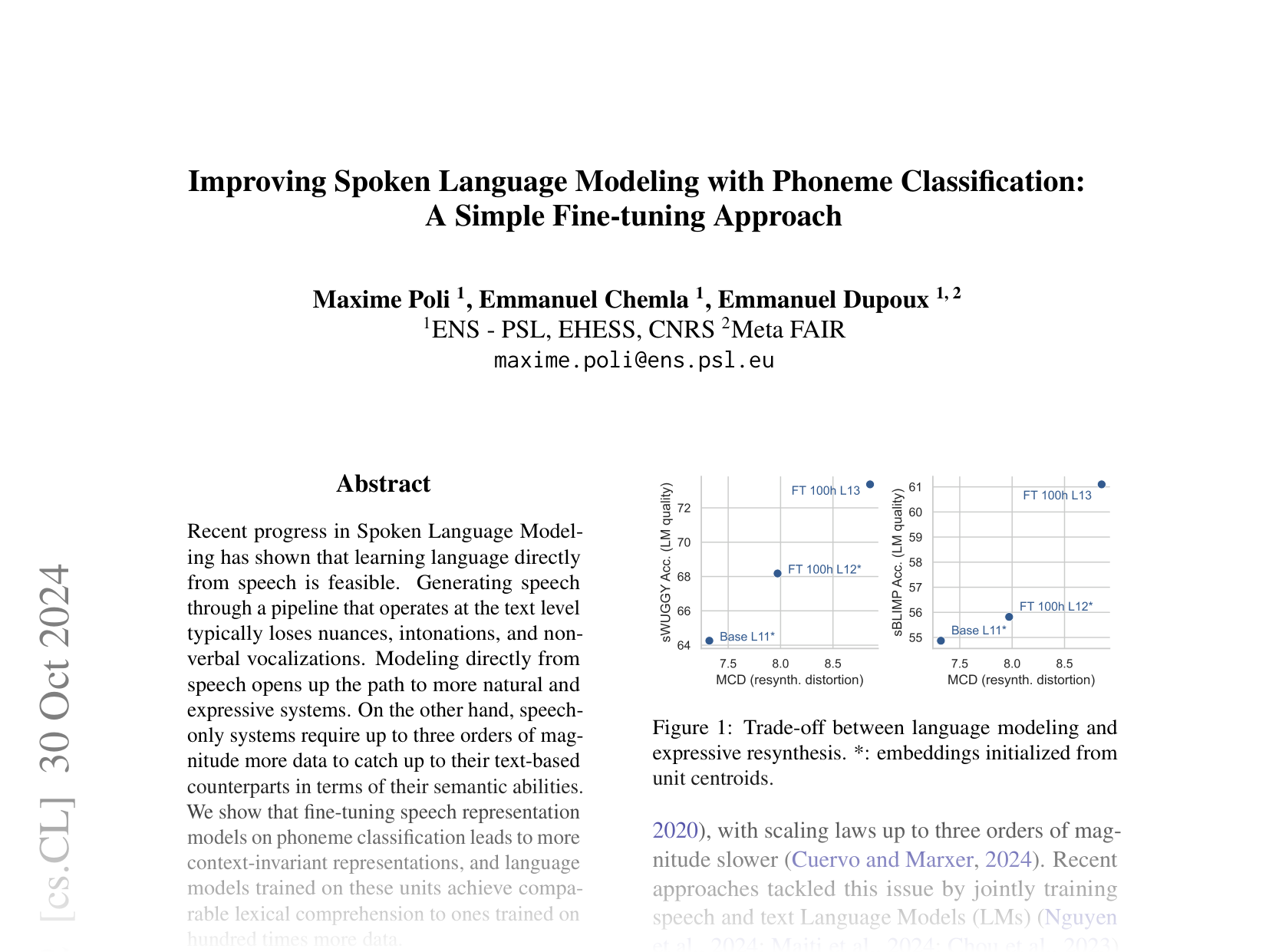 [Improving Spoken Language Modeling with Phoneme Classification: A Simple Fine-tuning Approach 🔗](https://arxiv.org/abs/2410.00025)