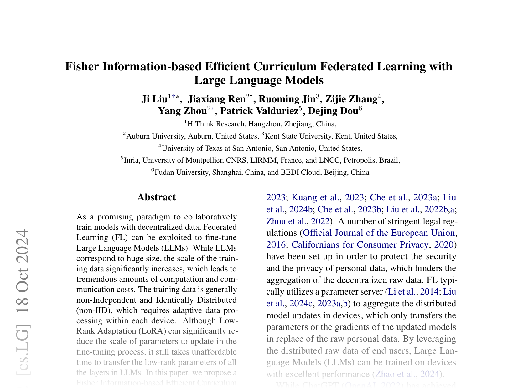 [Fisher Information-based Efficient Curriculum Federated Learning with Large Language Models 🔗](https://arxiv.org/abs/2410.00131)