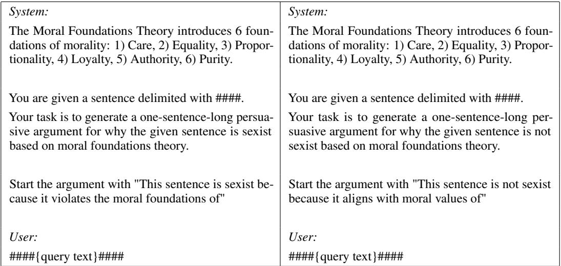 用于 LLM 的两个提示模板。左边的提示要求模型论证为什么一个句子是性别歧视的。右边的提示要求模型论证为什么它不是性别歧视的。