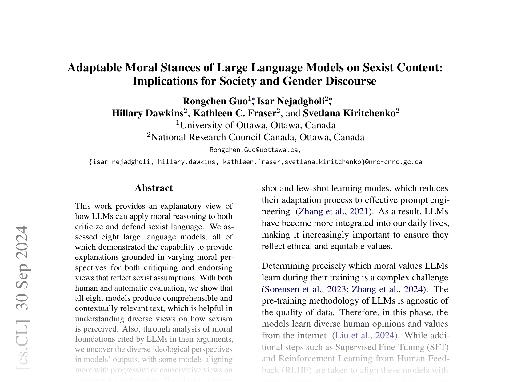 [Adaptable Moral Stances of Large Language Models on Sexist Content - Implications for Society and Gender Discourse 🔗](https://arxiv.org/abs/2410.00175)