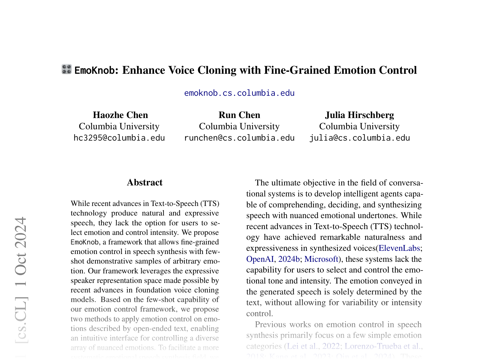 [EmoKnob: Enhance Voice Cloning with Fine-Grained Emotion Control 🔗](https://arxiv.org/abs/2410.00316)