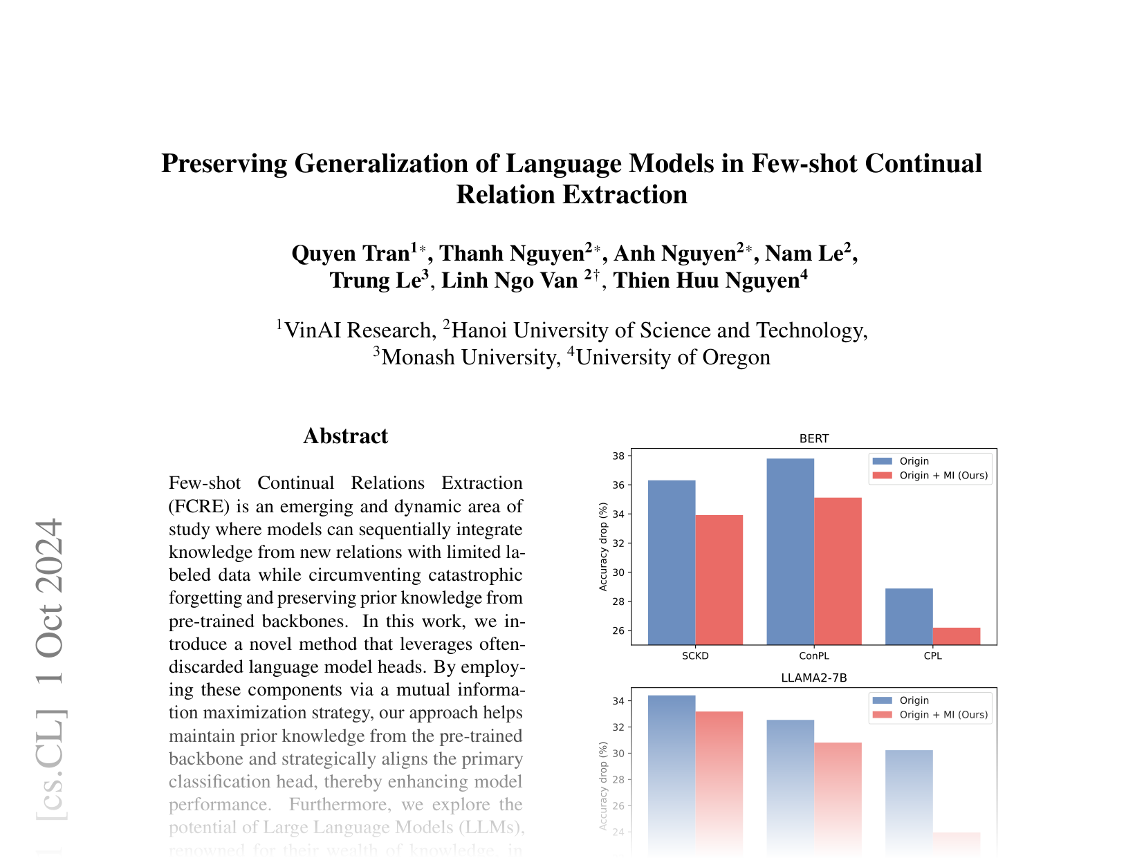 [Preserving Generalization of Language Models in Few-shot Continual Relation Extraction 🔗](https://arxiv.org/abs/2410.00334)
