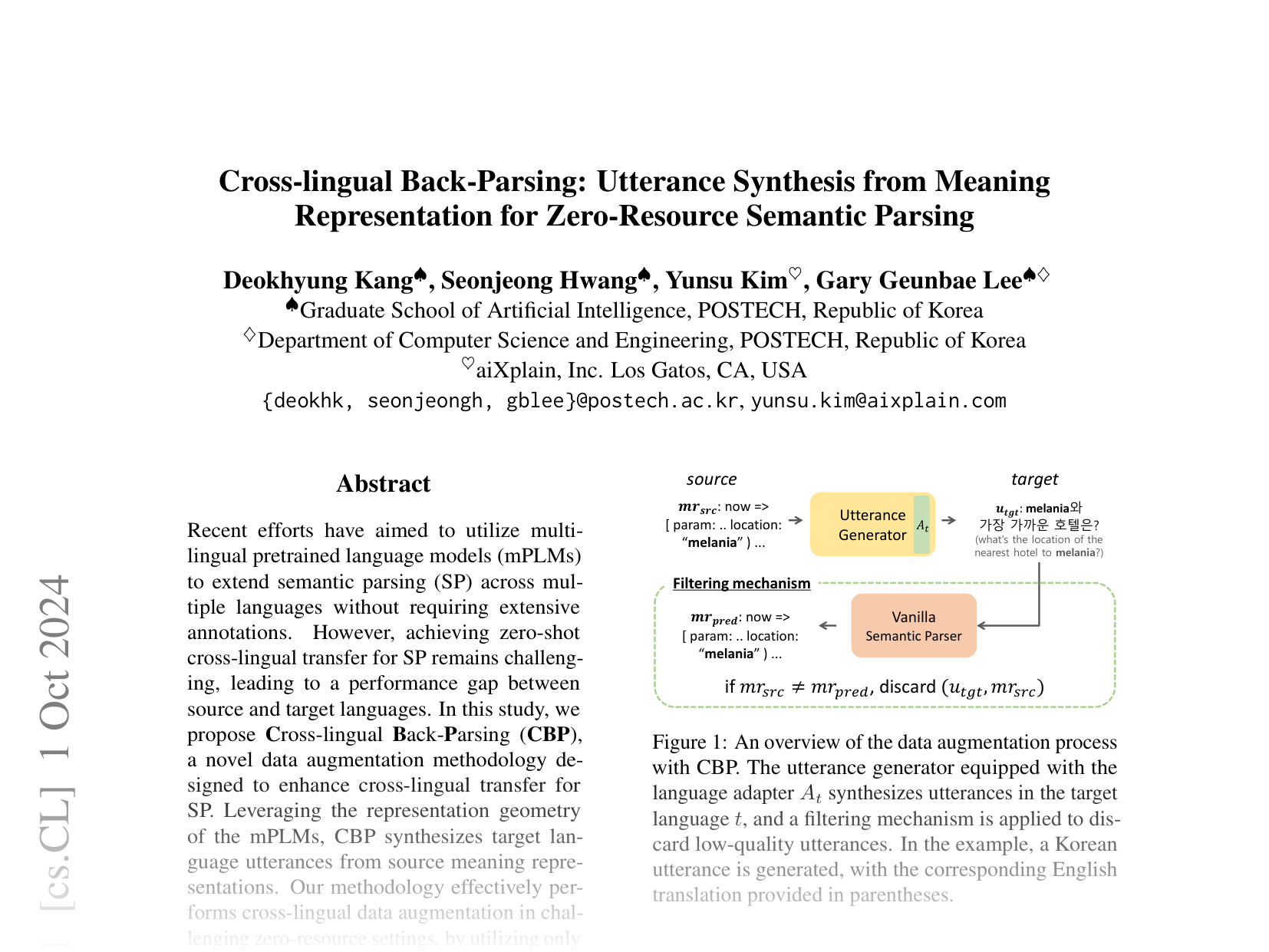 [Cross-lingual Back-Parsing: Utterance Synthesis from Meaning Representation for Zero-Resource Semantic Parsing 🔗](https://arxiv.org/abs/2410.00513)