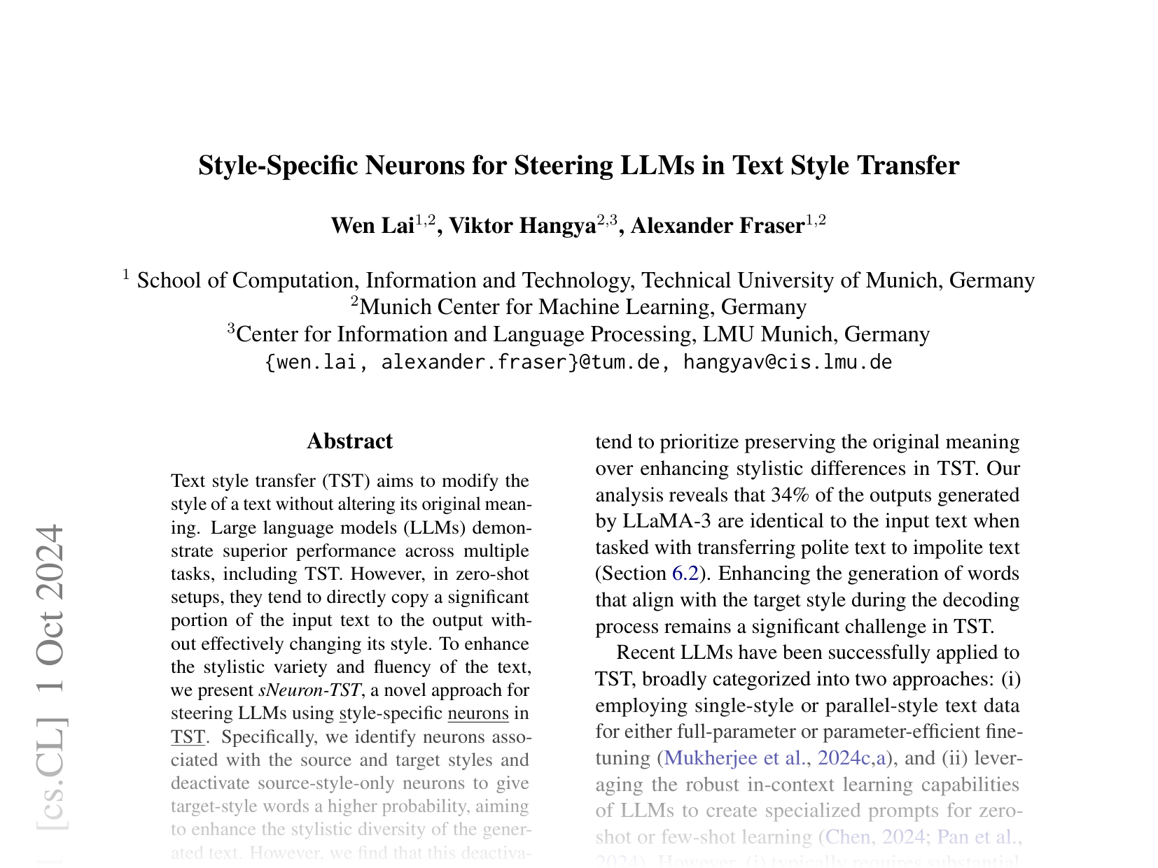 [Style-Specific Neurons for Steering LLMs in Text Style Transfer 🔗](https://arxiv.org/abs/2410.00593)
