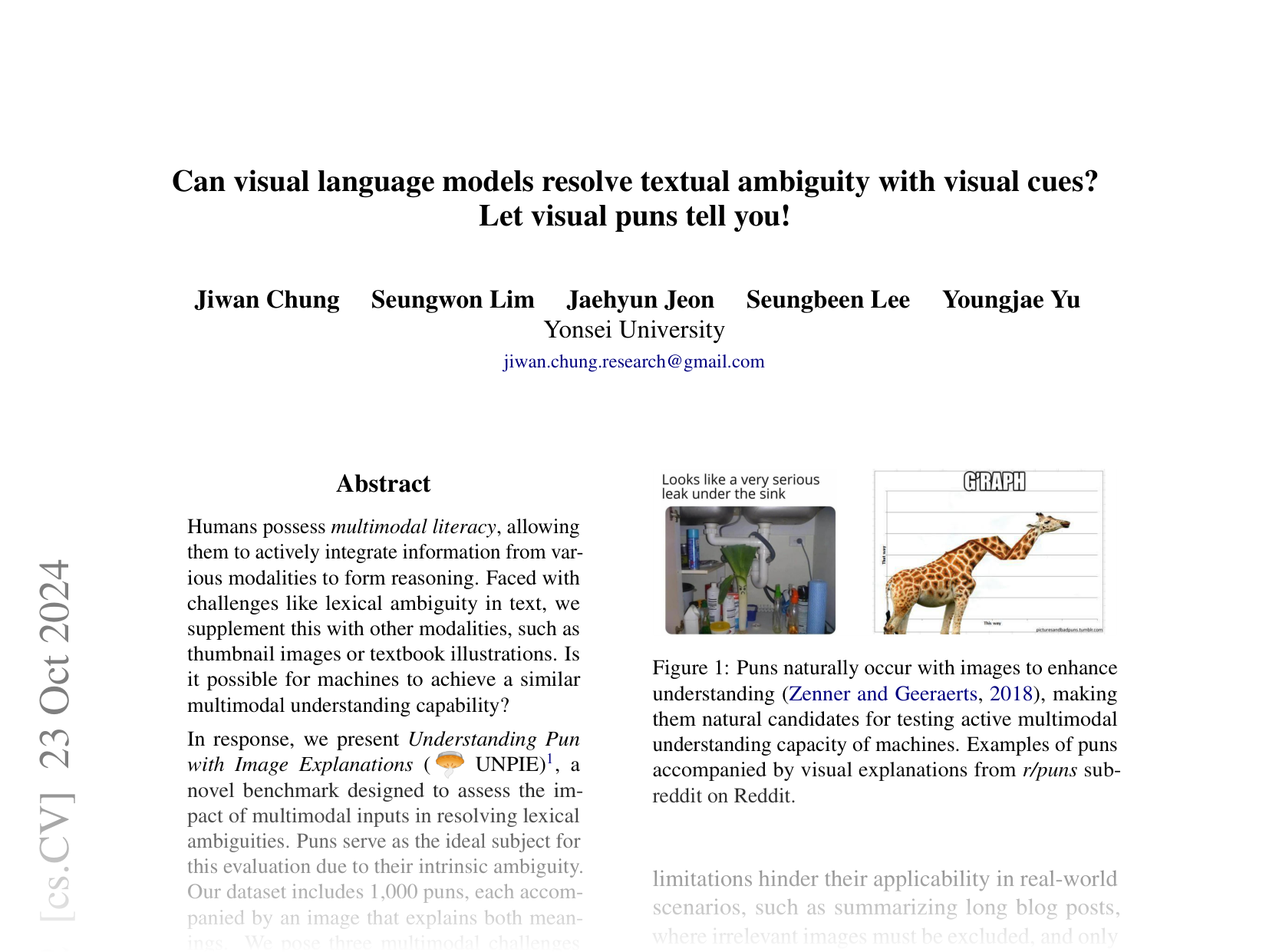 [Can visual language models resolve textual ambiguity with visual cues? Let visual puns tell you! 🔗](https://arxiv.org/abs/2410.01023)