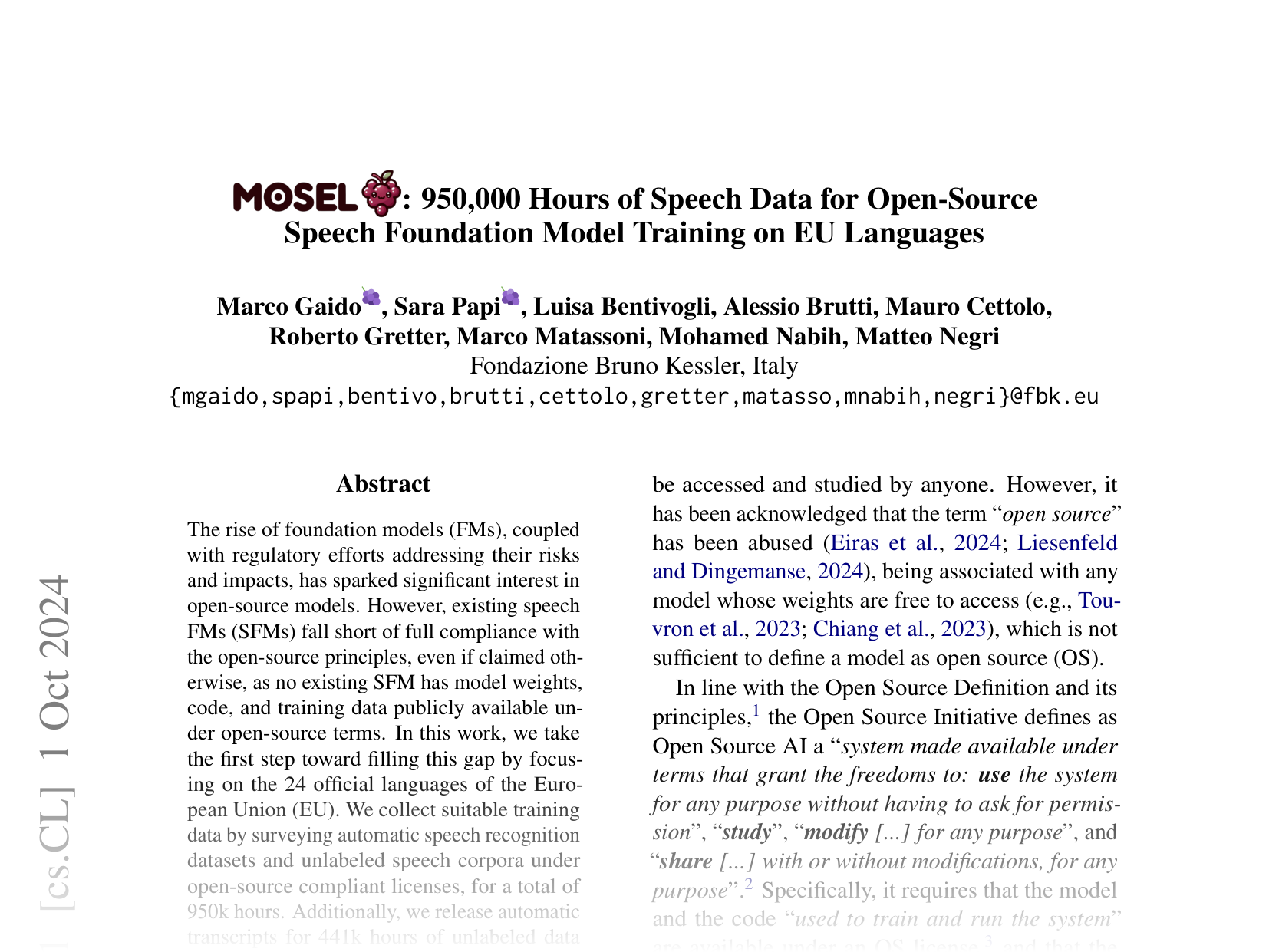 [MOSEL: 950,000 Hours of Speech Data for Open-Source Speech Foundation Model Training on EU Languages 🔗](https://arxiv.org/abs/2410.01036)