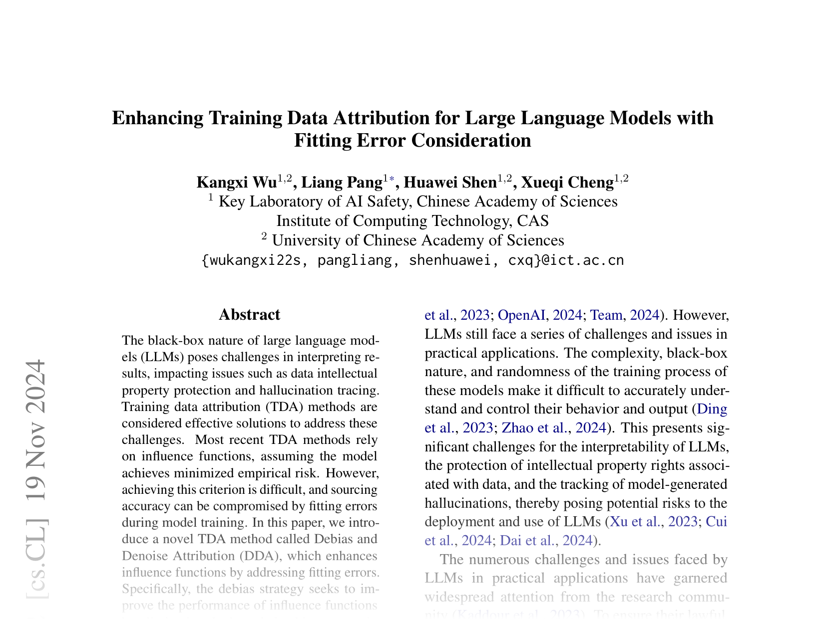 [Enhancing Training Data Attribution for Large Language Models with Fitting Error Consideration 🔗](https://arxiv.org/abs/2410.01285)