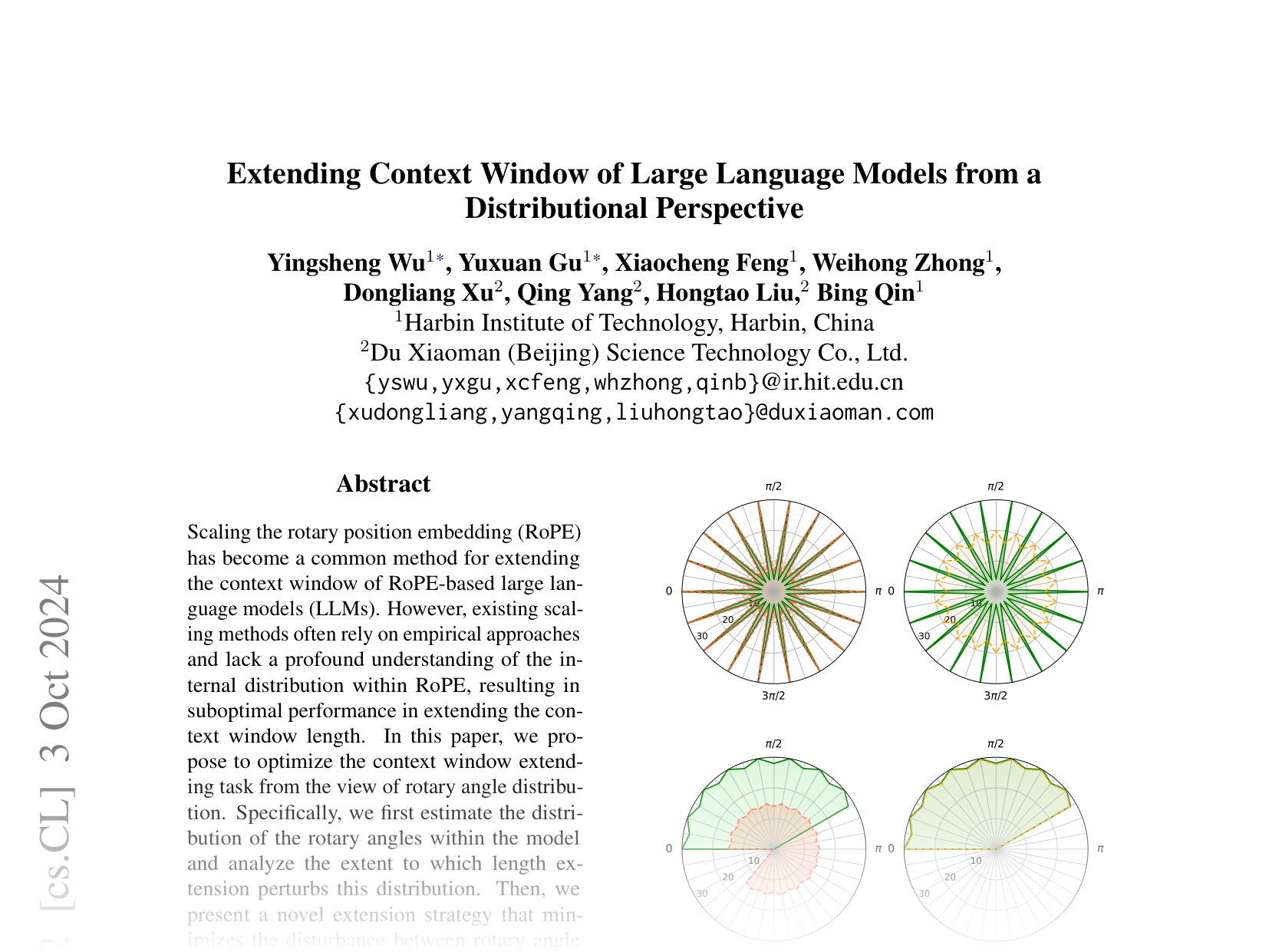 [Extending Context Window of Large Language Models from a Distributional Perspective 🔗](https://arxiv.org/abs/2410.01490)