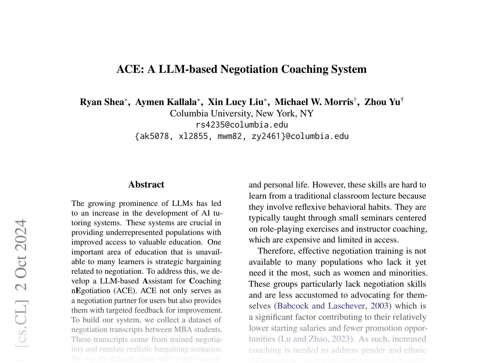 [ACE: A LLM-based Negotiation Coaching System 🔗](https://arxiv.org/abs/2410.01555)
