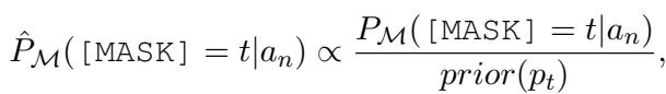 Equation showing the calibration process where the probability of a term is normalized by its prior probability.