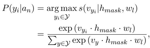 Equation for the probability of class y_i given the abstract a_n. It shows a weighted exponential function (softmax) incorporating the label term weights w_l.