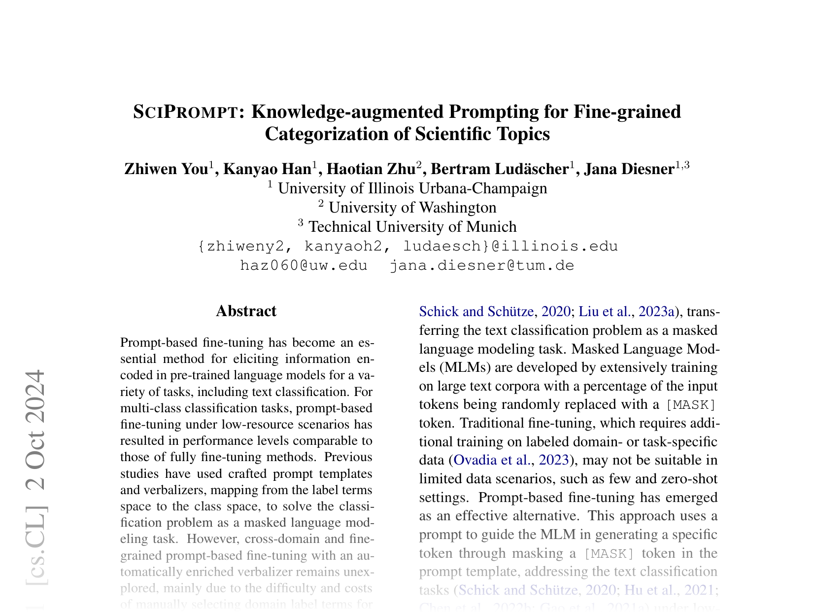 [SCI PROMPT: Knowledge-augmented Prompting for Fine-grained Categorization of Scientific Topics 🔗](https://arxiv.org/abs/2410.01946)