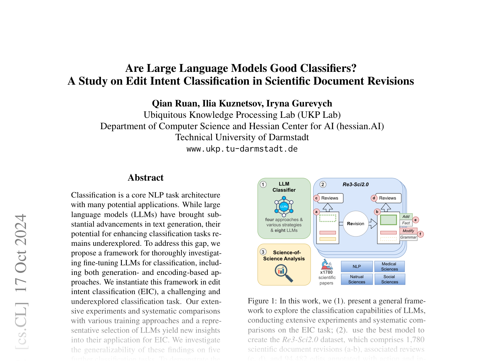 [Are Large Language Models Good Classifiers? A Study on Edit Intent Classification in Scientific Document Revisions 🔗](https://arxiv.org/abs/2410.02028)