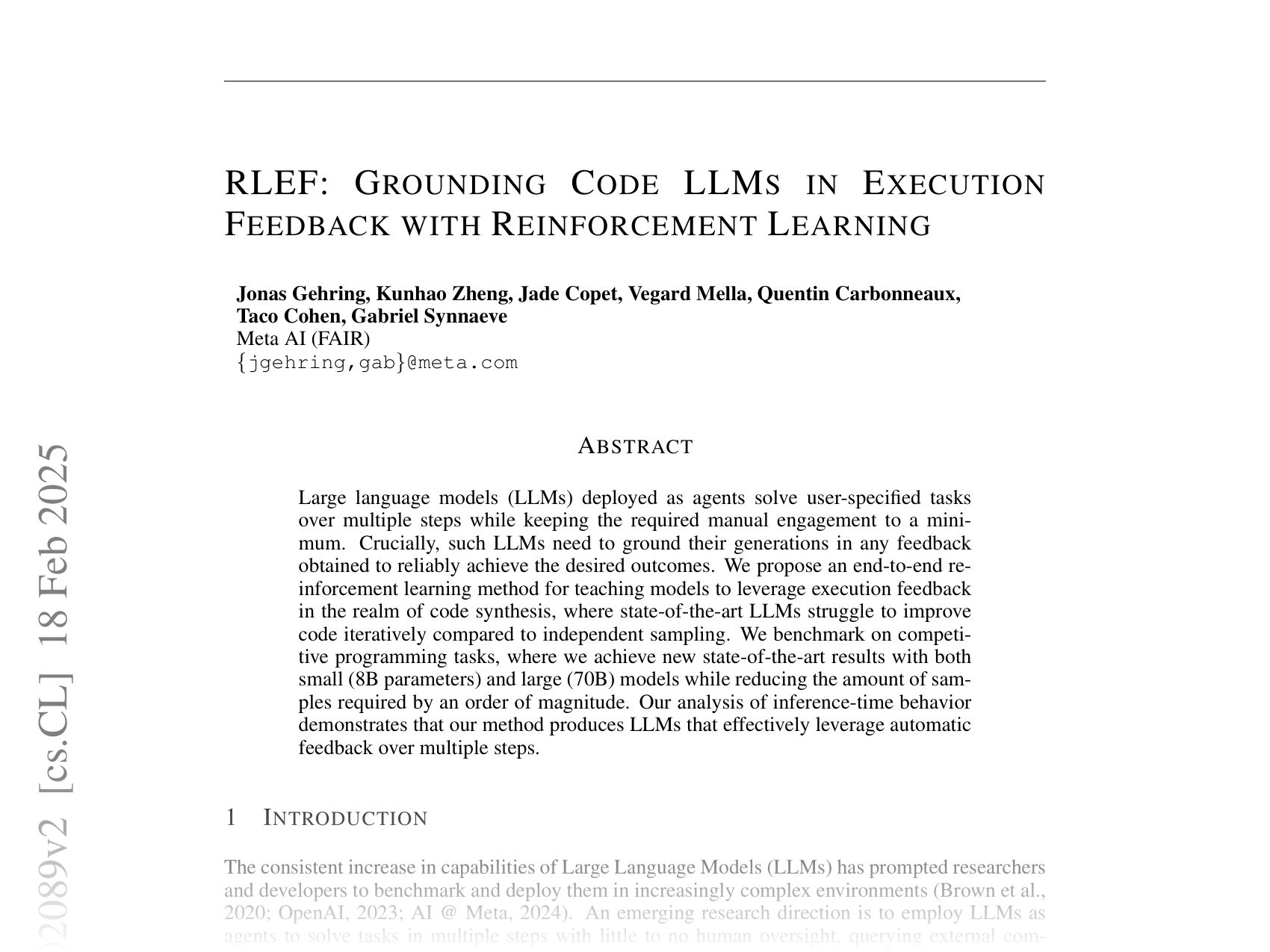 [RLEF: Grounding Code LLMs in Execution Feedback with Reinforcement Learning 🔗](https://arxiv.org/abs/2410.02089)